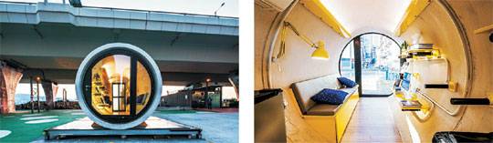 홍콩의 한 고가도로 밑에 설치된 캔 하우스의 모습. 소파로도 활용 가능한 접이식 침대와 냉장고, 화장실 등 편의시설이 갖춰져 있으며 1∼2인이 살기에 적합하게 설계됐다. 제임스 로 사이버텍스처 홈페이지 캡처