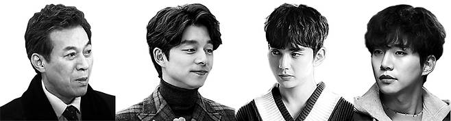 드라마 속 남자 배우들은 20대부터 60대까지 파마머리가 대세다. 왼쪽부터 드라마 ‘밥상 차리는 남자’ 김갑수의 포마드 웨이브펌, ‘도깨비’ 공유의 가르마펌, ‘로봇이 아니야’ 유승호의 쉐도우펌, ‘그냥 사랑하는 사이’ 이준호의 스핀 스왈로펌. /각 드라마 캡처