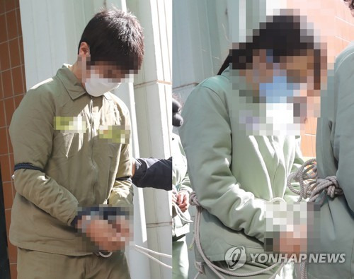 수의 입은 고준희양 친부와 친부 동거녀 (전주=연합뉴스) 김동철 기자 = 고준희(5)양 암매장 사건 피고인인 친부 고모(37)씨와 고씨 동거녀 이모(36)씨가 7일 전주지법 법정에서 첫 재판을 받고서 교도소로 향하고 있다. 2018.2.7  sollenso@yna.co.kr  (끝)