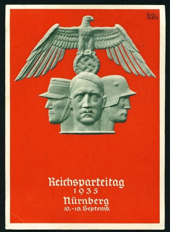 1935년 뉘른베르크 전당대회 포스터. 히틀러, 좌우에 돌격대, 국방군 이미지. 나치 문양인 독수리와 하켄크로이츠. [중앙포토]