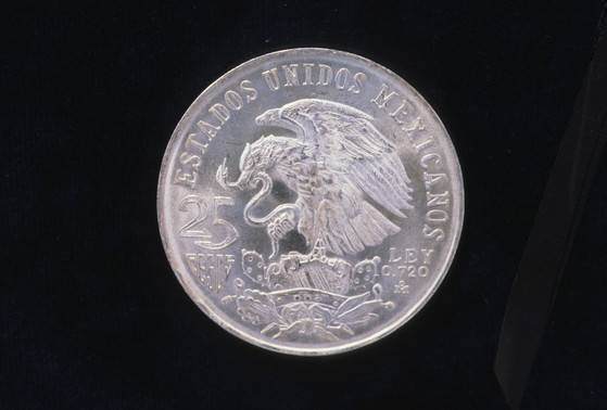 68년 멕시코 대회 25페소 짜리 은화의 독수리상이 새겨진 앞면. [중앙 포토]