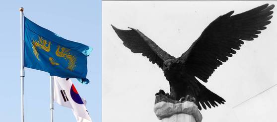 청와대 본관 앞의 봉황기와 태극기, 그리고 연세대를 상징하는 독수리상. [중앙포토]