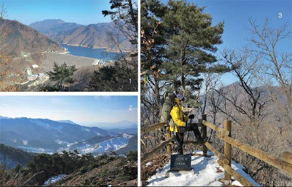 [월간산]1 빙산 정상에서 북동으로 본 소양댐과 소양호. 소양호 뒤는 부용산과 봉화산.  2 옥광산 갈림길에서 남쪽으로 11분 거리인 쉼터(개활지)에서 서북쪽 조망. 월곡리 옥산가(오른쪽)와 월곡리 마을회관(가운데). 바로 앞 송림 능선이 342.9m봉 서릉이다. 아파트가 보이는 윗샘밭 뒤는 용화산. 가장 멀리는 화악산이다.   3 빙산 정상 비석. 뒤로 보이는 산은 소양강 건너 마적산.