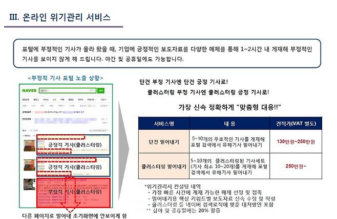 ▲ A업체의 네이버 기사 밀어내기 제안서.