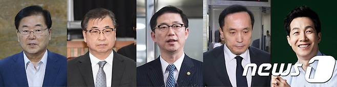 정의용 국가안보실장을 수석으로 한 대북특별사절단이 5일 특별기편으로 서해 직항로를 통해 1박2일 일정으로 평양을 방문한다. 왼쪽부터 정의용 국가안보실장, 서훈 국정원장, 천해성 통일부 차관, 김상균 국정원 2차장, 윤건영 국정상황실장(뉴스1DB/윤건영 페이스북) 2018.3.4/뉴스1