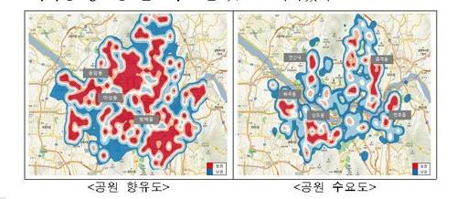 빅데이터 지도로 본 서울의 공원 향유도·수요도