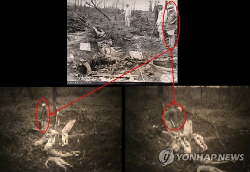 1944년 위안부 학살 현장의 중국군 (서울=연합뉴스) 서울시가 3.1절 99주년을 기념해 27일 개최한 한·중·일 '일본군 위안부 국제콘퍼런스'에서 일본군이 조선인 '위안부'를 학살했음을 보여주는 영상을 공개했다고 27일 전했다. 사진은 1944년 9월 15일 미국 사진병 프랭크 맨워렌이 중국 윈난 성 텅충에서 촬영한 조선인 위안부가 학살된 모습(위)과 영상 속 중국 병사(붉은 원)가 시체의 양말을 벗기는 모습. 사진에 등장하는 중국 병사와 동일하다. 2018.2.27 [서울시·서울대 인권센터 제공=연합뉴스]photo@yna.co.kr