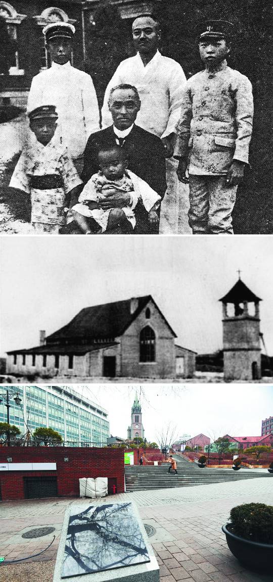 이완용(앞줄 가운데)과 아들 (뒷줄 가운데), 손자들(위 사진). 이재명 의사가 다닌 것으로 추정되는 평양 남산현교회(가운데 사진). 서울 명동성당 앞 '이재명 의사 의거터' 표석(아래 사진). 강민석 선임기자