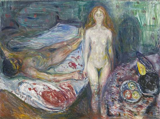 ‘마라의 죽음 1(The Death of Marat I, 1907년)’. 프랑스 혁명 당시 한 여성에게 살해당한 혁명가 마라에 빗대어 자신의 에피소드를 담아낸 작품. 자신의 경험을 과장해 비통하게 표현하는 뭉크의 성향을 극명하게 보여준다.