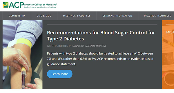 미국내과학회(ACP)가 최근 당뇨병 환자의 혈당 목표치를 느슨하게 하는 게 좋다는 가이드라인을 발표했지만, '국내 실정과 맞지 않다'는 목소리가 나오고 있다./사진=ACP 홈페이지 캡쳐