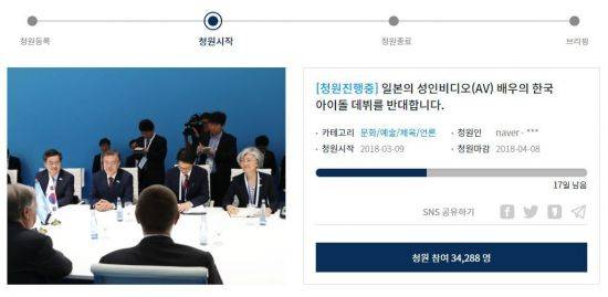 청와대 '국민청원 및 제안'에 게재된 "일본의 성인비디오(AV) 배우의 한국 아이돌 데뷔를 반대합니다" 청원 / 사진=청와대 '국민청원 및 제안' 캡처