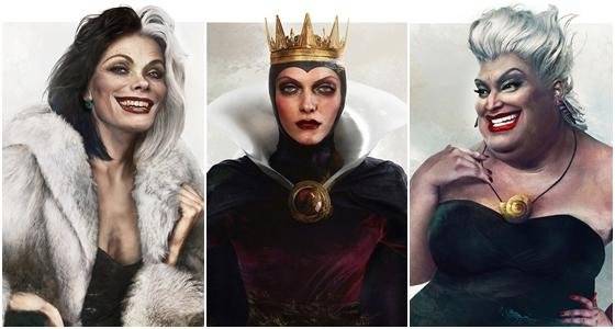 <101마리 달마시안>의 크루엘라, <백설공주>의 왕비, <인어공주>의 우르술라(왼쪽부터) 등 악역의 초상도 실감나게 표현돼있다./지르카 베데이넨 인스타그램