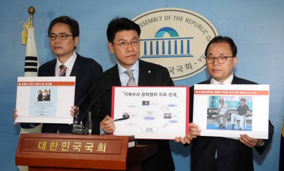 경찰의 김기현 울산시장 측 수사와 관련해 자유한국당 장제원 수석대변인(가운데) 등이 22일 국회 정론관에서 기자회견을 열고 “정치공작”이라며 경찰에 대해 “미친개는 몽둥이다”고 주장했다. 연합뉴스