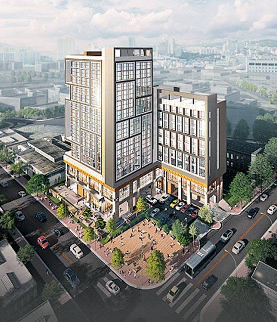 전북 전주의 관광명소 한옥마을과 인접한 입지가 돋보이는‘베스트웨스턴 플러스 전주’는 분양형 호텔 249실과 오피스텔 98실, 상가로 구성된다. 14층 높이로 전주 도심을 굽어보는 조망권도 갖췄다. /메리트플러스