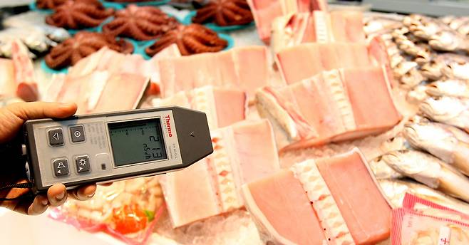 수산물에 대해 휴대용 방사선 검사기로 방사능 오염 여부를 측정하고 있는 모습. [중앙포토]