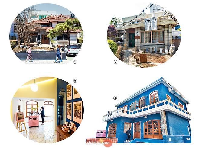 1 서울 합정동 취향관. 담장도 간판도 없는 2층 양옥이 문화 살롱으로 변신했다. 21970년대 지어진 단독주택과 아담한 텃밭, 정원이 어우러진 서울 연남동 '잼머'의 쇼룸. 3 향기 전문 브랜드 '수향'의 서울 가로수길 플래그십스토어 '빌라수향'의 2층. 4 푸른색이 인상적인 빌라수향의 외관. / 이신영 영상미디어 기자