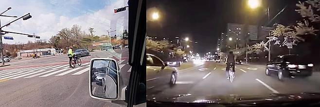 일반 도로에서 우측 가장자리에서 주행해야 하는 자전거가 차선을 옮겨다니며 주행하는 모습. /사진= 온라인 커뮤니티 캡처