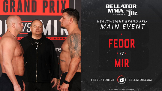 효도르가 벨라토르198 메인-이벤트 및 헤비급 그랑프리 8강 계체 후 전 UFC 챔피언 프랭크 미어와 마주보는 모습. 사진=벨라토르 공식 SNS