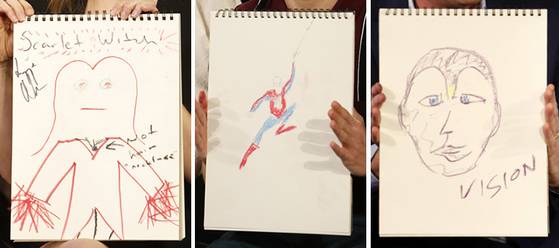 왼쪽부터 엘리자베스 올슨이 그린 '스칼렛위치', 톰 홀랜드가 그린 '스파이더맨', 폴 베타니가 그린 '비전'. [사진 ABC 캡처]