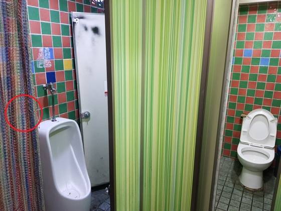 지난달 30일 서울 '강남역 유흥가'의 한 술집 남녀공용화장실. 남녀 공간이 커튼(빨간색 원형선)으로 구분돼 있었다. 조한대 기자