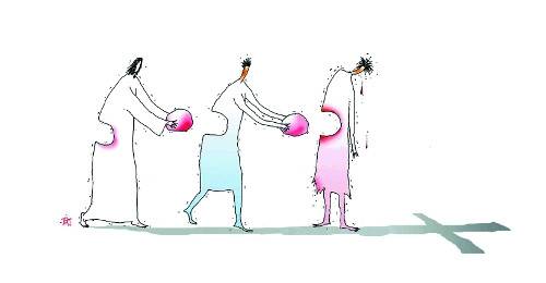 이웃에게 자기 것을 내어주는 사랑을 표현한 일러스트.