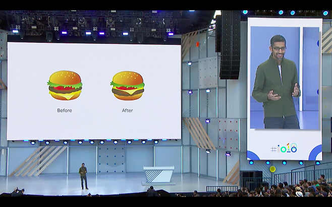 순다 피차이 구글 CEO는 치즈 모양이 어색한 이모티콘을 바로잡은 것으로 키노트를 열었다. - 최호섭 제공