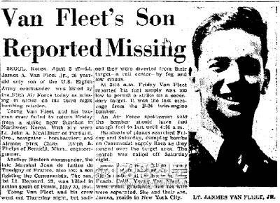 밴플리트 장군의 아들 제임스(지미)의 실종사실을 보도한 신문기사.