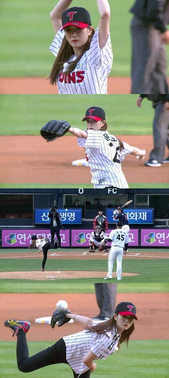 10일 LG 트윈스와 롯데 자이언츠와의 경기에 시구자로 나선 에이핑크 윤보미. 사진=SBS 방송화면 갈무리