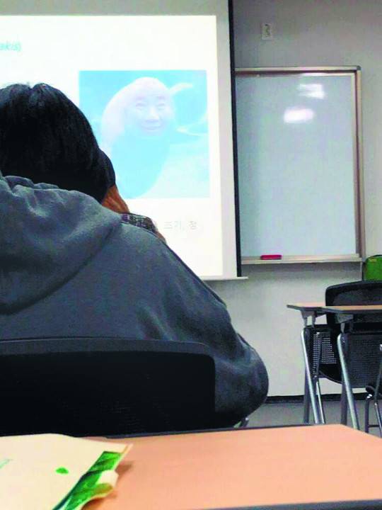 고 노무현 전 대통령 얼굴을 고래에 합성한 사진이 경북대 강의실 대형 스크린에 비춰지고 있는 장면.  경북대학교 대신말해드려요 페이스북 캡처