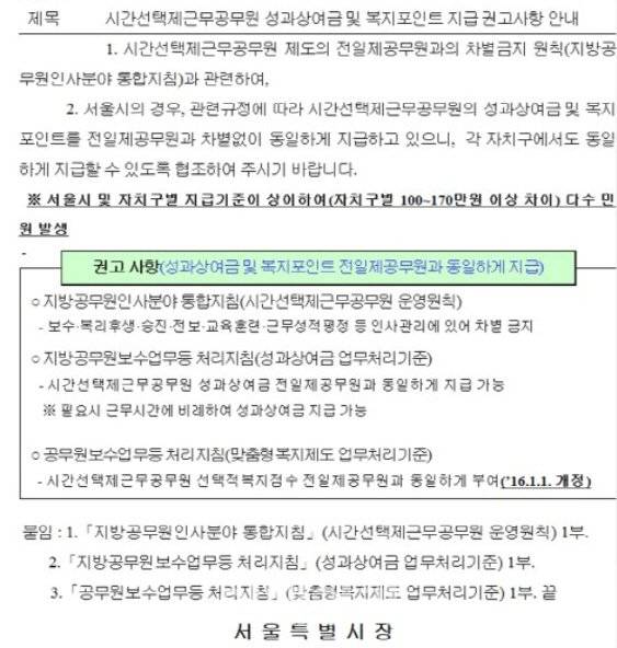시간선택제공무원 성과상여금 운영 관련 서울시 권고사항