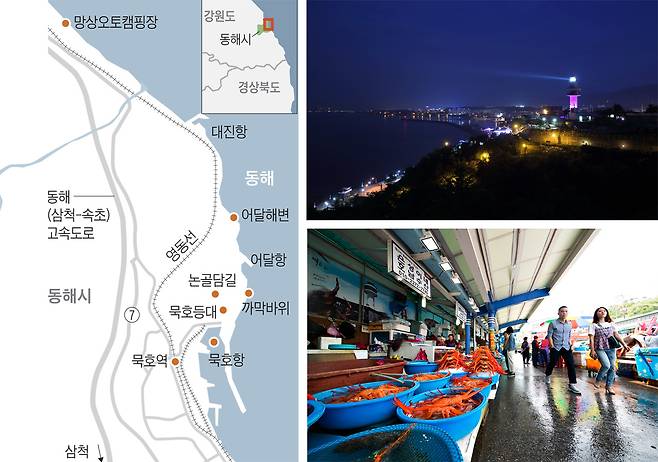 (위쪽 사진 부터) 밤에 바라본 묵호등대. 논골담길에서 멀지 않은 수산시장은 활기가 넘친다. / 동해시·김종연 영상미디어 기자