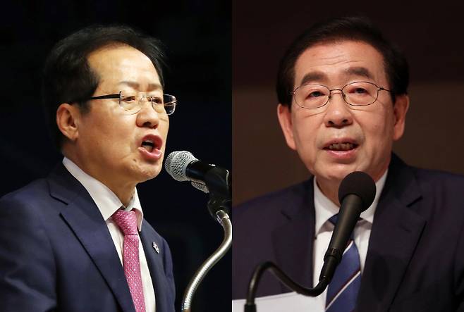 홍준표 자유한국당 대표(왼쪽)와 박원순 서울시장 후보(사진 = 연합뉴스)