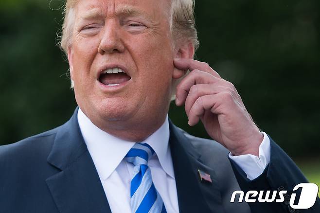 도널드 트럼프 미국 대통령이 1일 (현지시간) 워싱턴 백악관에서 김영철 북한 노동당 부위원장 겸 통일전선부장과 만난 뒤 기자들과 얘기를 하고 있다. 트럼프 대통령은 이날 "12일 김정은 위원장과 만나겠다＂며 ＂싱가포르 북미정상회담에서 한국전쟁 종전선언이 나올 수 있다＂고 말했다. © AFP=뉴스1 © News1 우동명 기자