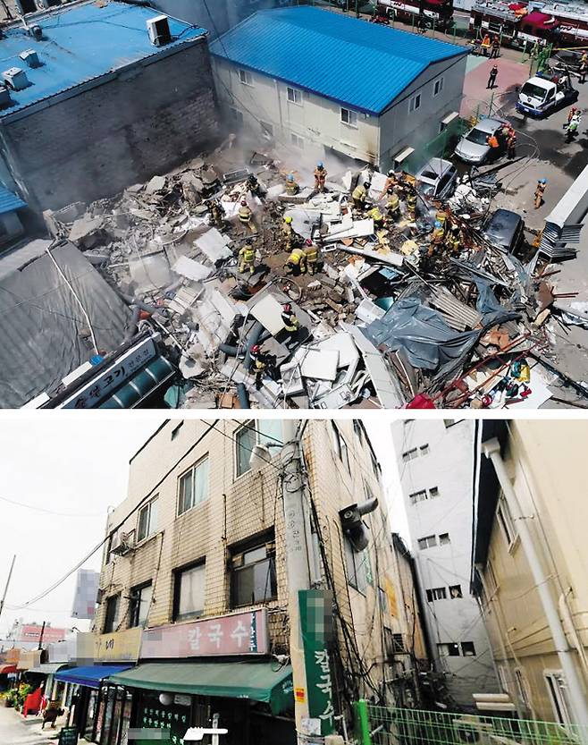 ‘삼풍’처럼 무너진 용산 4층 건물… ‘일요 휴점’ 덕에 참사 피했다 - 3일 낮 12시 35분쯤 서울 용산구 한강로2가의 4층짜리 상가 건물(아래)이 ‘콰과광’ 굉음과 함께 순식간에 완전히 붕괴했다. 소방대원들이 폐허가 된 사고 현장의 잔해를 뒤지며 수색하고 있다. 이날 사고로 4층에 있던 거주민 1명이 부상했으며, 사망자는 없었다. 1966년 지어진 이 건물 1~2층은 음식점으로, 3~4층은 주거 공간으로 쓰였다. 사고 당시 거주자 4명 중 3명은 외출 중이었고, 휴일을 맞은 음식점이 문을 닫아 대형 참사를 피했다. 부상한 거주민은 “1층쯤에서 ‘뚜둑’ 소리와 함께 건물이 흔들렸고, 갑자기 아래로 곤두박질쳤다”고 했다. /서울시 소방재난본부