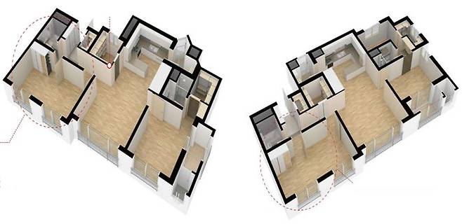 4베이 판상형에 3면 개방형 설계가 적용된 84㎡A(좌)와 91㎡(우) 평면도