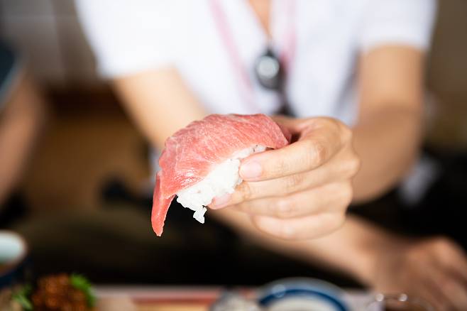 다테야마시의 명물 '모하치스시(歲八壽司)'의 초밥. 너무 커서 밥을 덜어내고 먹어야 했다. ⓒ지상훈