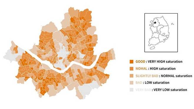 서울의 미세 먼지 수준을 채도로 표현한 시각 정보 사례