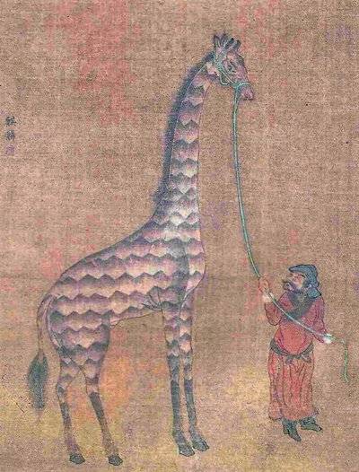 명나라 황제에 바쳐진 기린. 기린은 중국에서 긴 목 사슴이라는 뜻의 '장경록(長頸鹿)'으로 불린다.