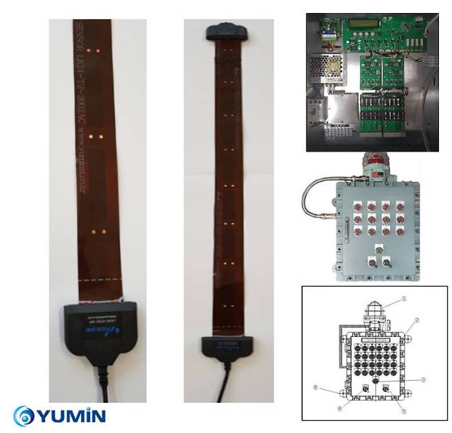 유민에쓰티가 개발한 재사용 가능한 필름형태의 화학용액 누설감지 센서(사진 왼쪽)와 32채널 통합 제어기(오른쪽). (사진=유민에쓰티)