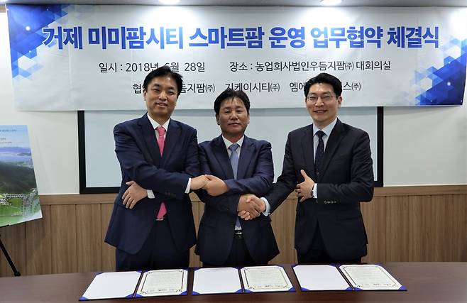 28일 충남 부여 우듬지팜 농장에서 지케이시티 금봉린 대표, 우듬지팜 김호연 대표, 엠에스파트너스 홍정의 대표(왼쪽부터)가 거제 미미팜시티 스마트팜 재배단지 운영사 참여를 위한 업무협약을 체결한 뒤 포즈를 취하고 있다./사진제공=우등지팜