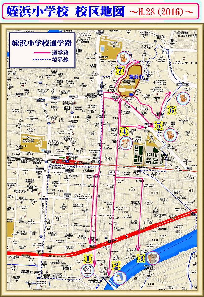 후쿠오카시 메이노하마 소학교 통학로 지도