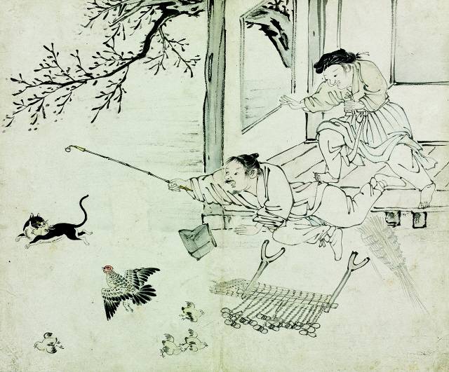 긍재 김득신의 ‘야묘도추’는 봄날 들고양이가 병아리를 훔쳐 달아나는 한바탕 소동을 그리고 있다. ‘긍재전신첩’에 포함된 22.4x27.0cm 크기의 지본담채화. /사진제공=간송미술문화재단