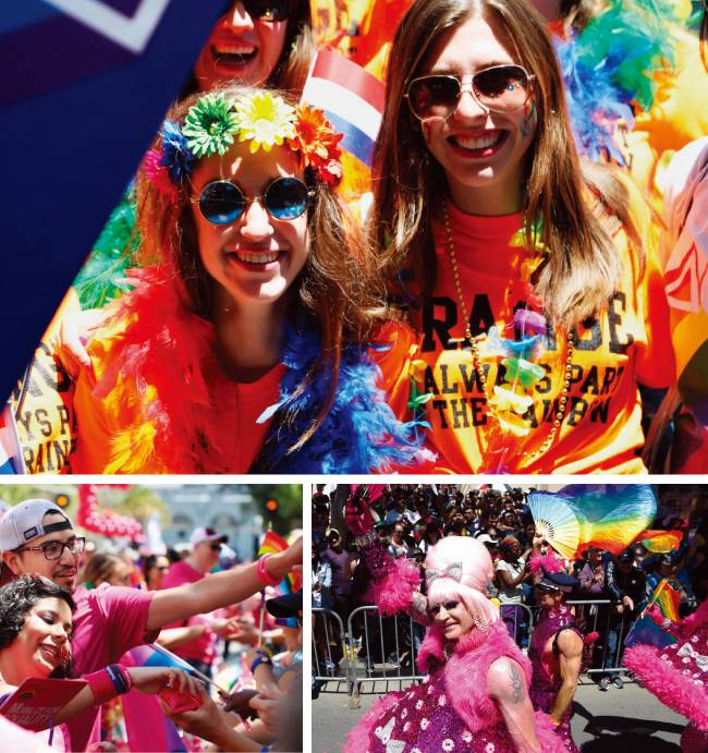 화려한 의상, 무지개 색깔이 들어간 아이템 등으로 치장한 이들이 거리를 가득 메웠다. 눈길을 줄 수 없을 정도로 민망한 의상을 입은 사람도 간간이 있었다. [뉴시스=AP]