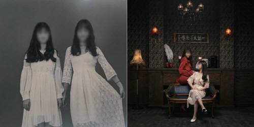 '흑백사진관 서교'에서 촬영한 흑백사진(완쪽)과 '산격동 사진관'의 경성시대 콘셉트 세트장에서 촬영한 사진. [사진 = 김민지 인턴기자]