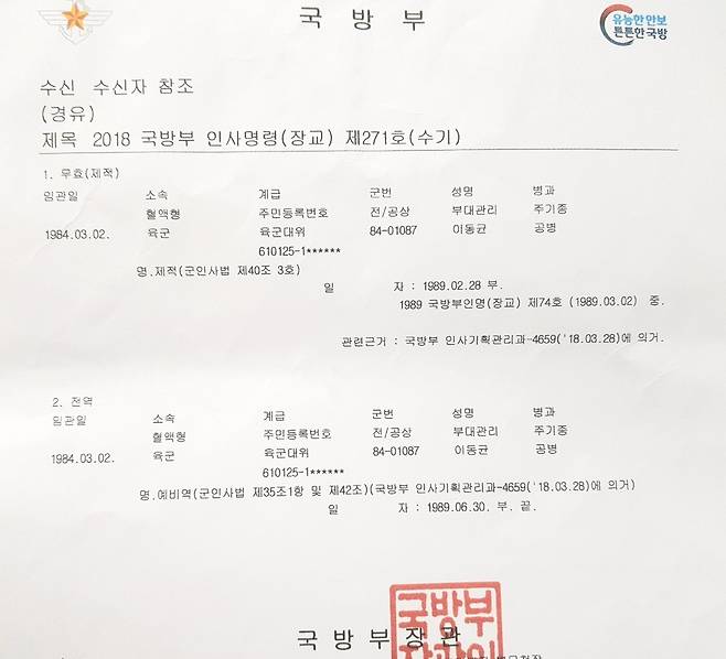 복직(1989년 3월2일)은 됐으나, 그해 6월30일 이미 전역했다는 내용으로 이동균씨에게 보내온 국방부 공문
