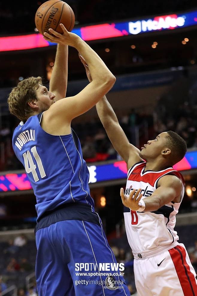 ▲ 덕 노비츠키(왼쪽)의 트레이드 마크인 일명 '학다리 페이더웨이 슛'.