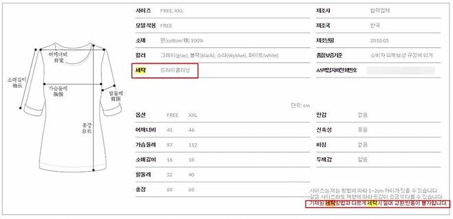 한 온라인 쇼핑몰에서 1만원에 판매되고 있는 면 100% 소재의 티셔츠. 상품 안내의 세탁 방법에는 '드라이클리닝'이라고 쓰여 있다. 또 이 방법과 다르게 세탁시엔 교환과 반품이 불가하다고 적혀 있다./사진=한 온라인쇼핑몰 캡처