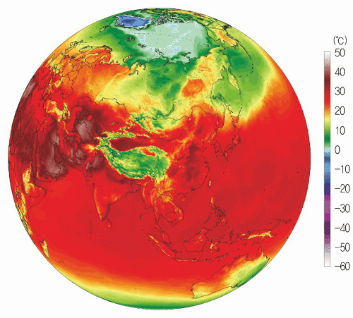 미국 메인대 기후변화연구소가 세계의 기온을 매일 시각화해 보여주는 ‘오늘의 기후지도’에서 21일(현지시간) 지구가 붉은빛을 띠고 있다. 기후지도는 전 세계 지상 2m의 평균기온을 측정한 것으로 검붉은색에 가까울수록 뜨겁다. 메인대 기후변화연구소 홈페이지 캡처