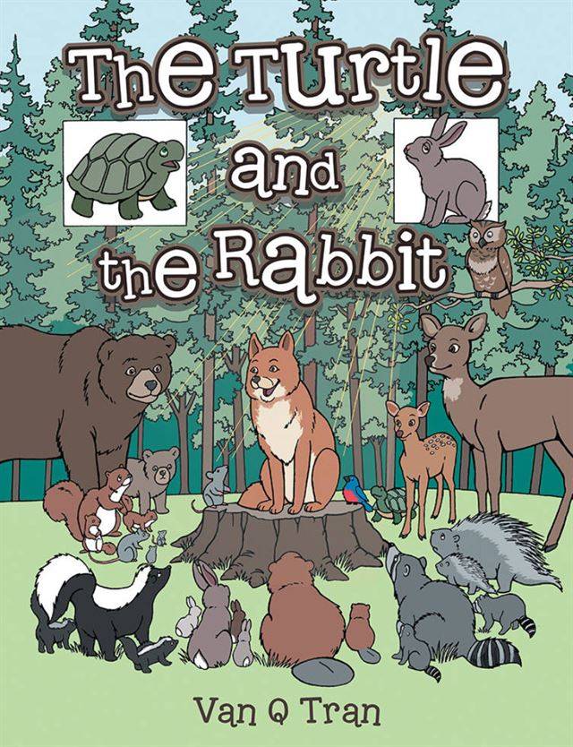 숲 속 동물들이 토끼와 거북이의 달리기 시합을 두고 누가 이길지 토론 하는 장면이다. 도서 '토끼랑 거북이' 표지