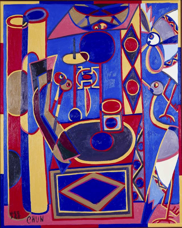 전혁림 ‘한국풍물도’. 2001년작으로 오방색을 근간으로 한 민화적 화풍이 돋보인다. /사진제공=국립현대미술관